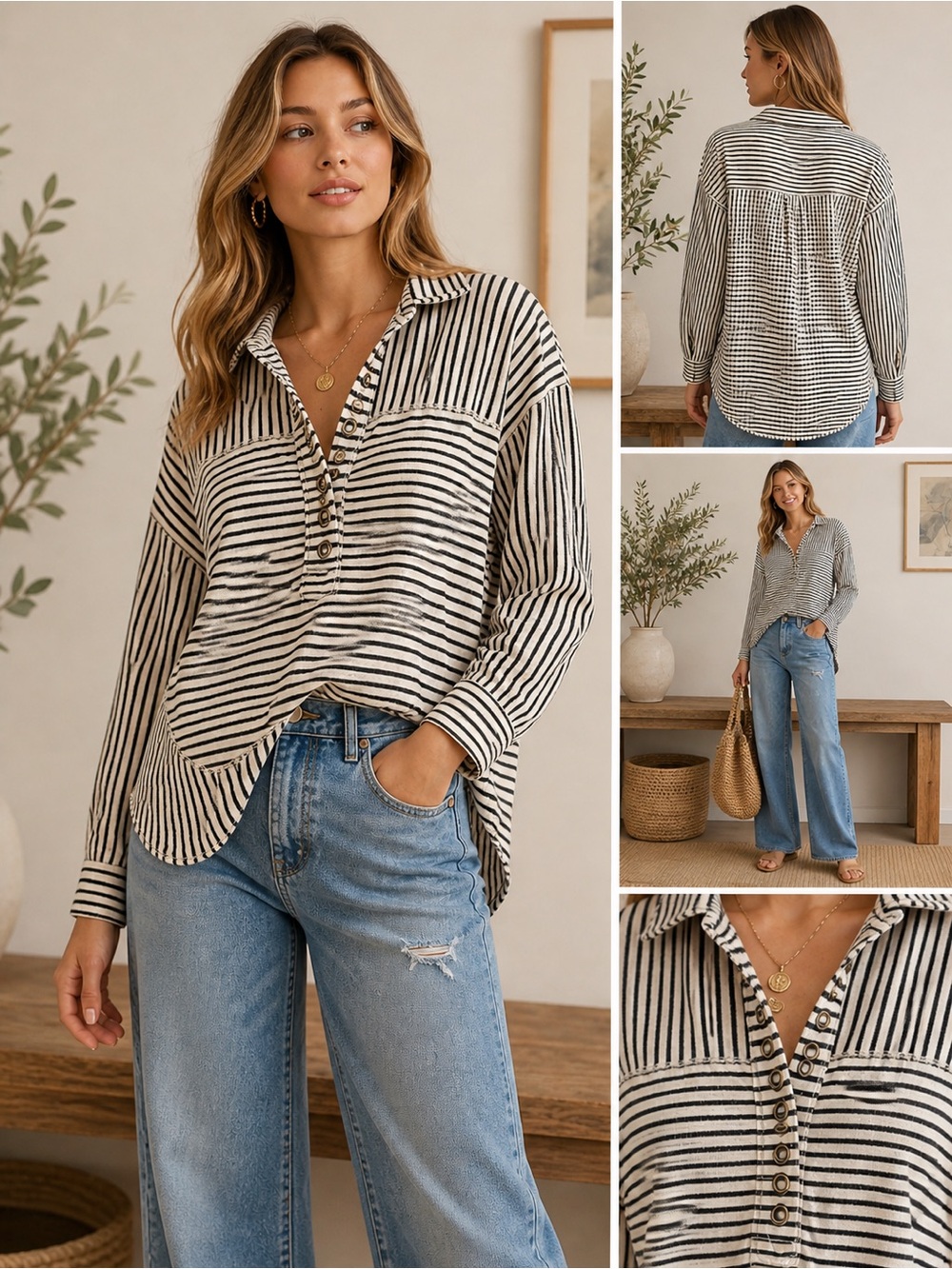Pilcro Anthropologie Spliced Stripe Henley Top Tunic Black White L